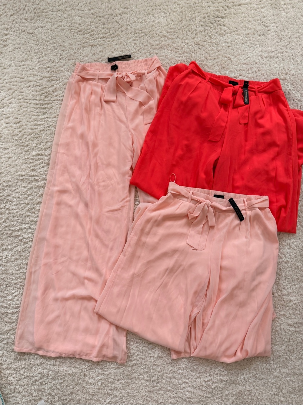 Miss Avenue Tie-Waist Wide Leg Pants Trio — Blush Pink & Bright Red M, L, L